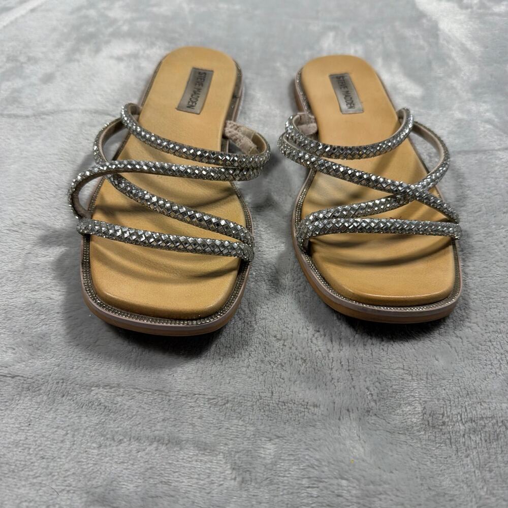Steve Madden Spice Womens 8 Rhinestone Strappy Slide Sandals Silver Sparkle